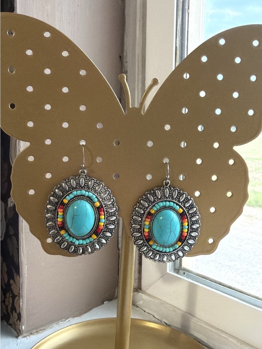 Turquoise Beaded Silver Drop Earrings - Women Jewelry